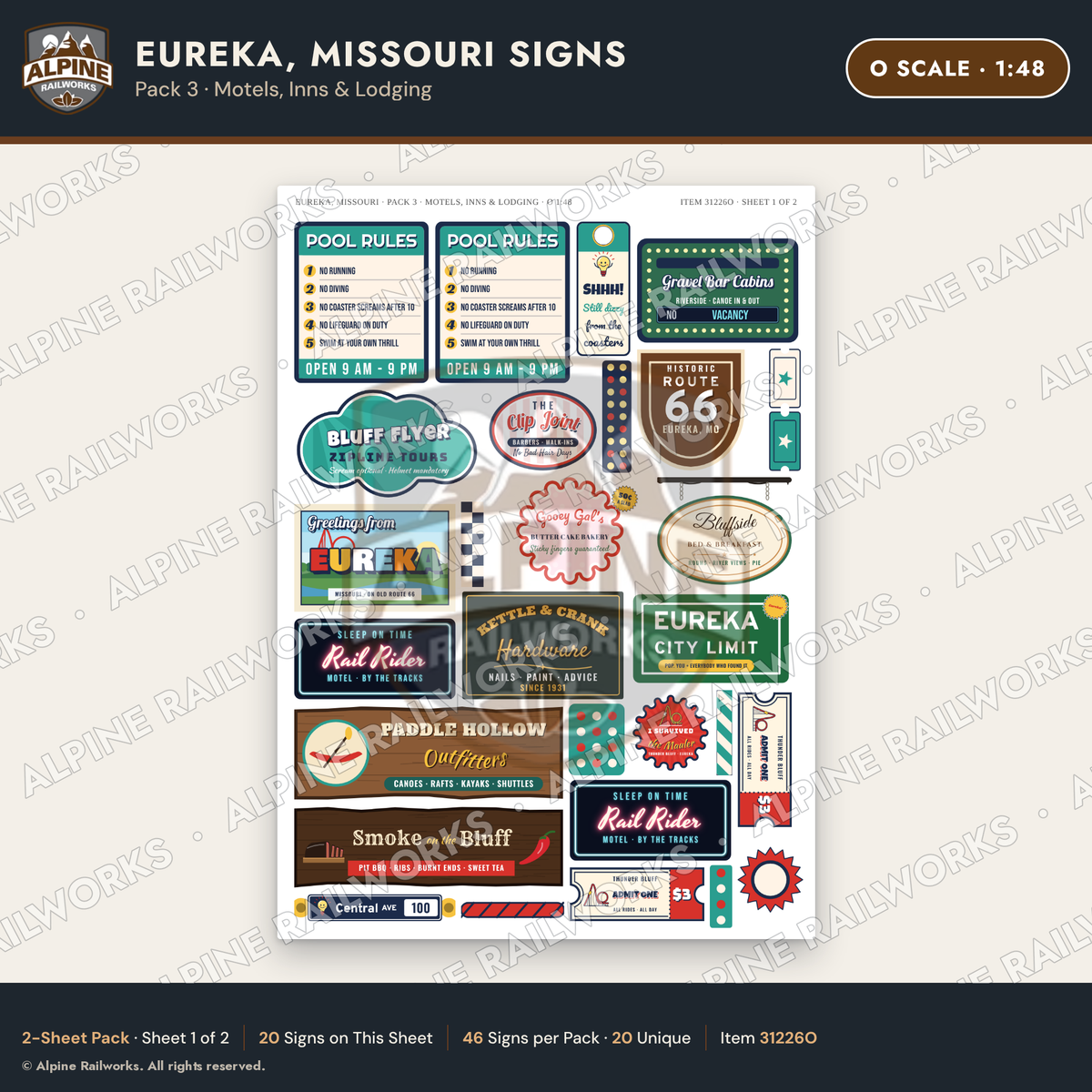 Alpine Railworks 31226O O Scale Eureka MO Signs - Motels & Inns