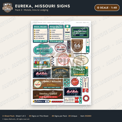 Alpine Railworks 31226O O Scale Eureka MO Signs - Motels & Inns