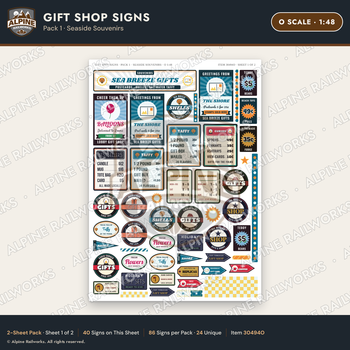 Alpine Railworks 30494O O Scale Gift Shop Signs - Seaside Souvenirs