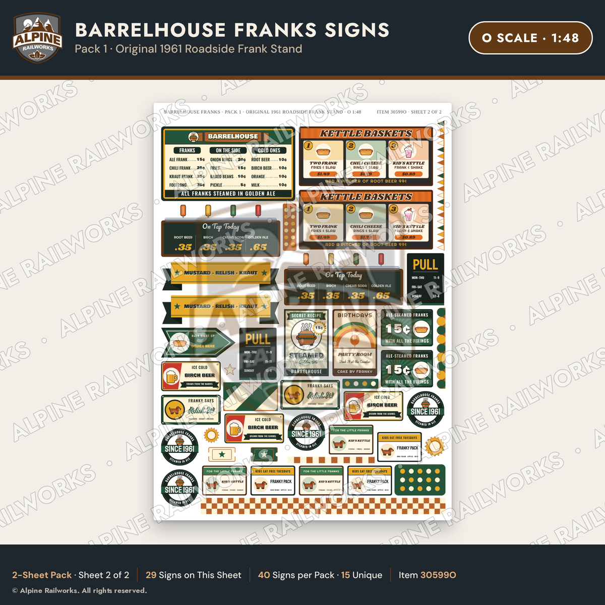 Alpine Railworks 30599O O Scale Fast Food Signs - Hot Dogs