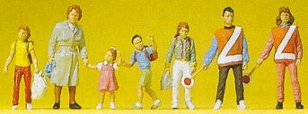 Preiser 10344 HO Scale Pedestrians -- Adult with 3 Kids & 2 Crossing Guards