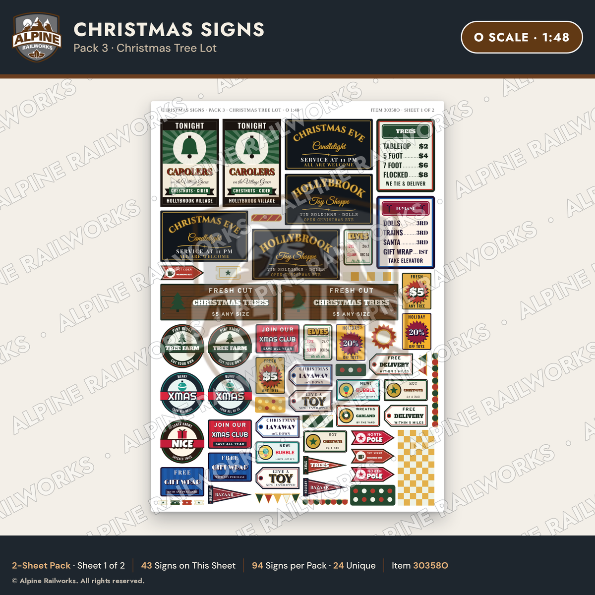 Alpine Railworks 30358O O Scale Christmas Signs - Christmas Tree Lot