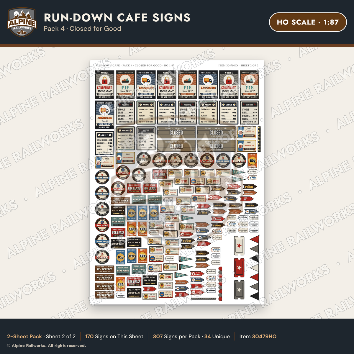 Alpine Railworks 30479HO HO Scale Run-Down Cafe Signs