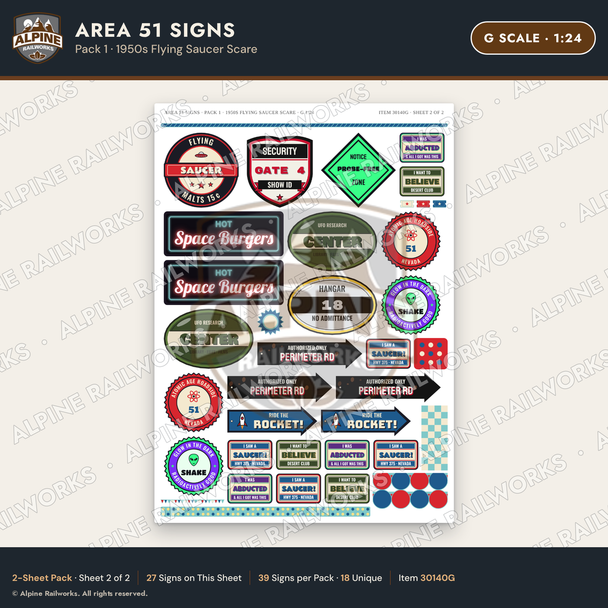 Alpine Railworks 30140G G Scale Area 51 Signs - Flying Saucer Scare