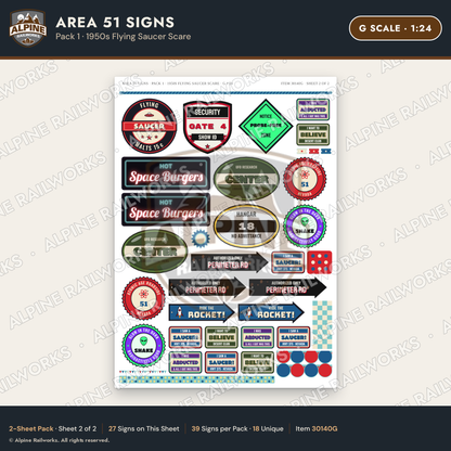 Alpine Railworks 30140G G Scale Area 51 Signs - Flying Saucer Scare