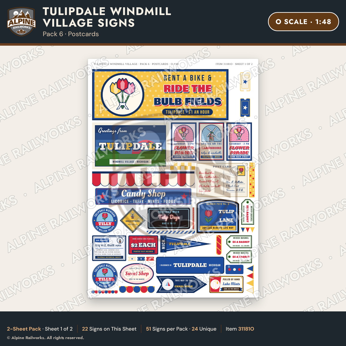 Alpine Railworks 31181O O Scale Roadside Signs - Windmill Village