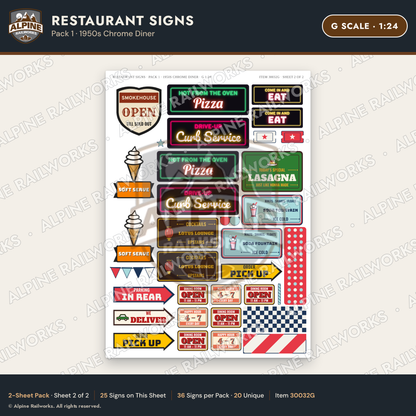 Alpine Railworks 30032G G Scale Restaurant Signs - 1950s Chrome Diner