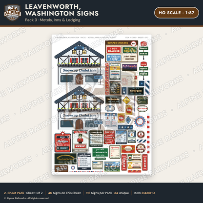 Alpine Railworks 31436HO HO Scale Leavenworth WA Signs - Motels & Inns