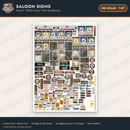 Alpine Railworks 30138HO HO Scale Saloon Signs - Honky-Tonk Roadhouse