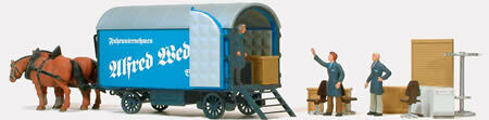 Preiser 30494 HO Scale Moving Wagon w/2 Horses, Figures & Accessories