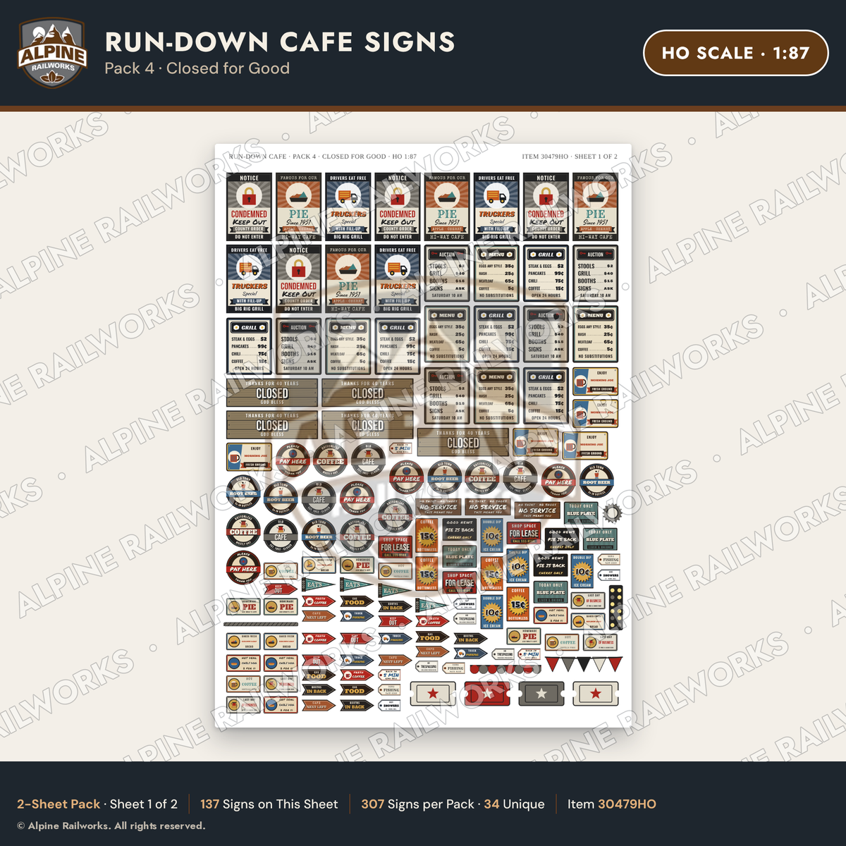 Alpine Railworks 30479HO HO Scale Run-Down Cafe Signs