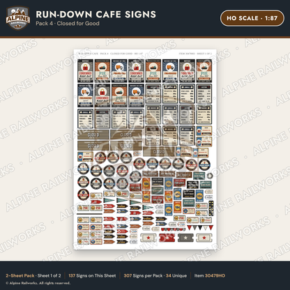 Alpine Railworks 30479HO HO Scale Run-Down Cafe Signs