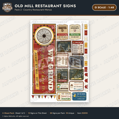 Alpine Railworks 31201O O Scale Old Mill Signs - Restaurant Menus