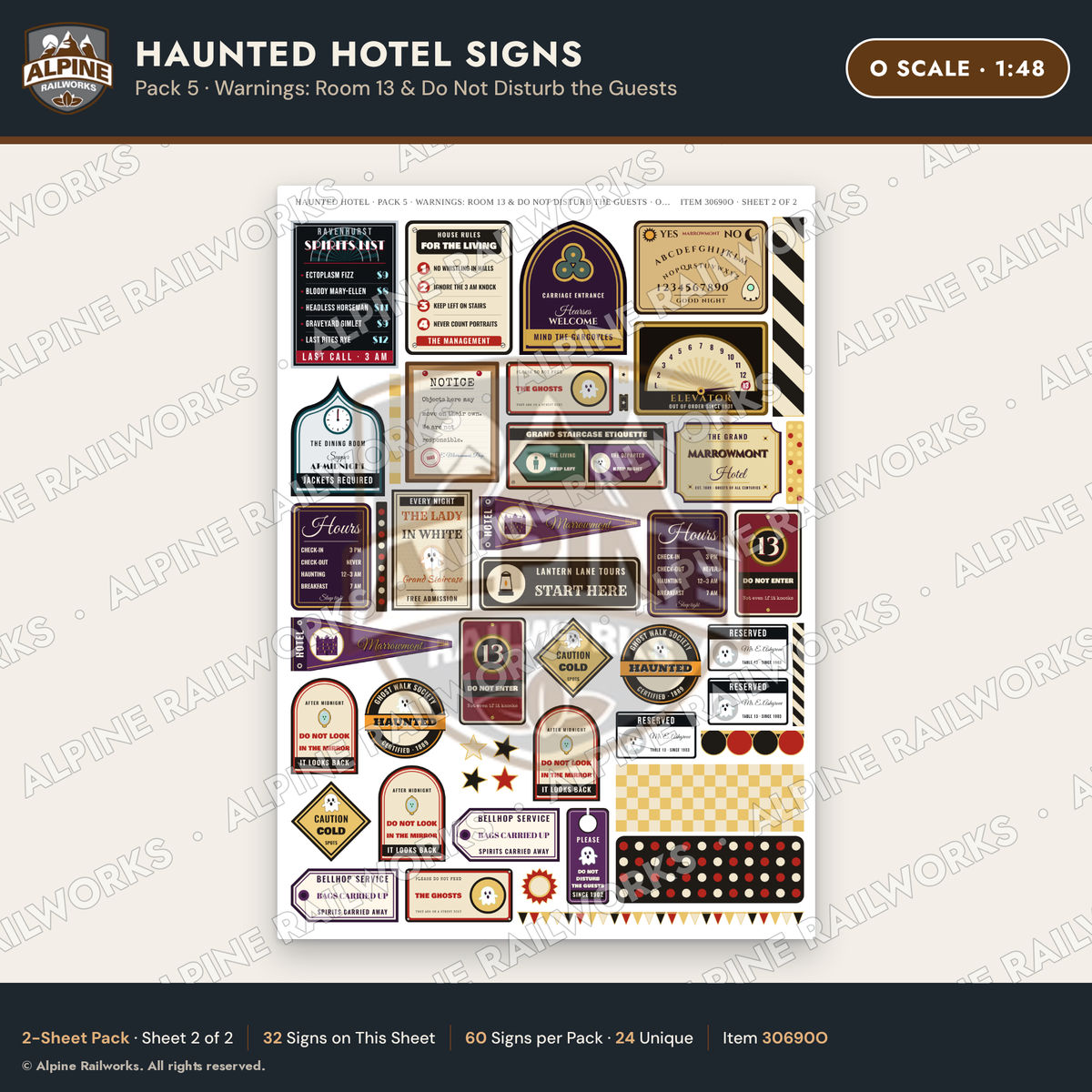 Alpine Railworks 30690O O Scale Haunted Hotel Signs - Room 13