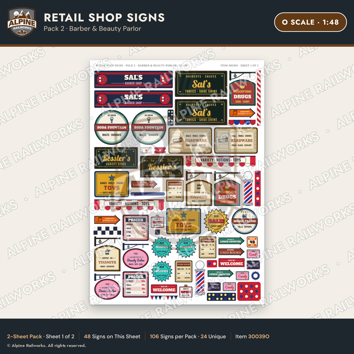 Alpine Railworks 30039O O Scale Retail Shop Signs - Barber