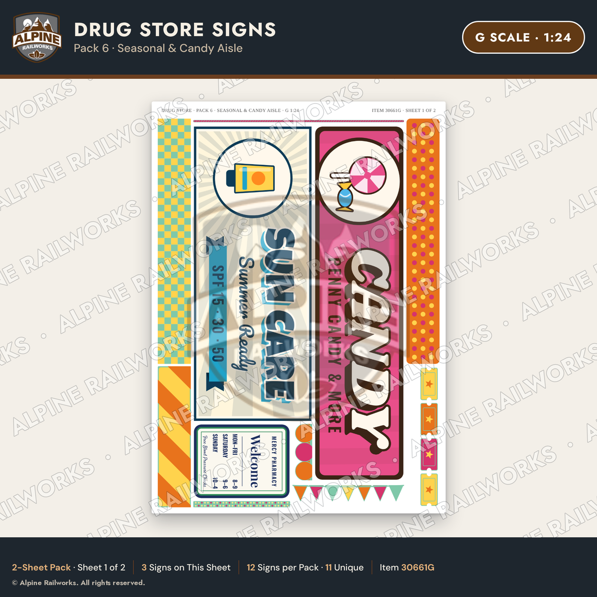 Alpine Railworks 30661G G Scale Drug Store Signs - Seasonal