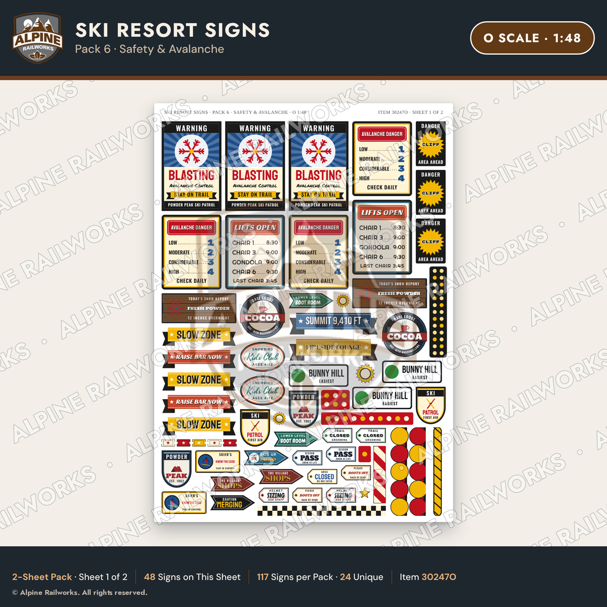 Alpine Railworks 30247O O Scale Ski Resort Signs - Safety & Avalanche