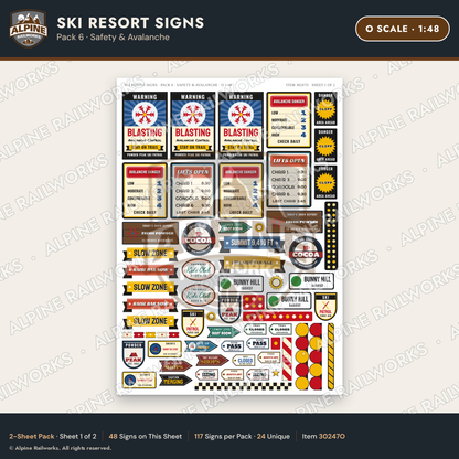 Alpine Railworks 30247O O Scale Ski Resort Signs - Safety & Avalanche