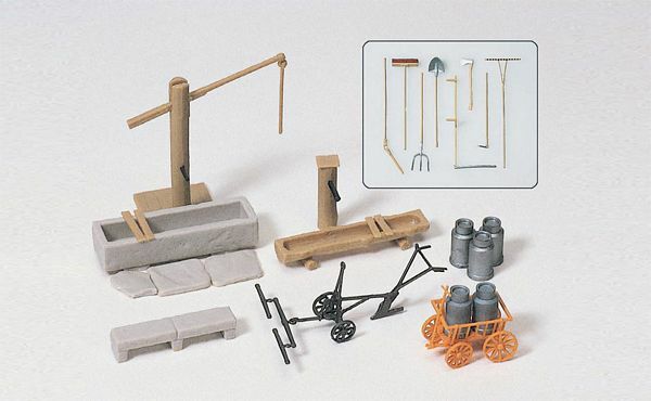 Preiser 17600 HO Scale Rural Detail Set -- Water Pump w/Trough