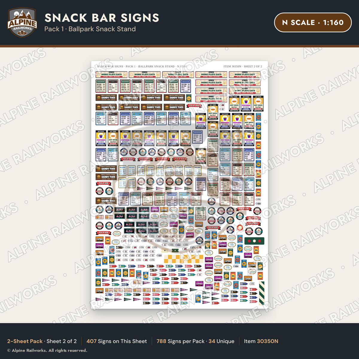 Alpine Railworks 30350N N Scale Snack Bar Signs - Ballpark Snack Stand