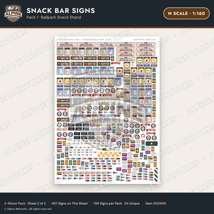 Alpine Railworks 30350N N Scale Snack Bar Signs - Ballpark Snack Stand