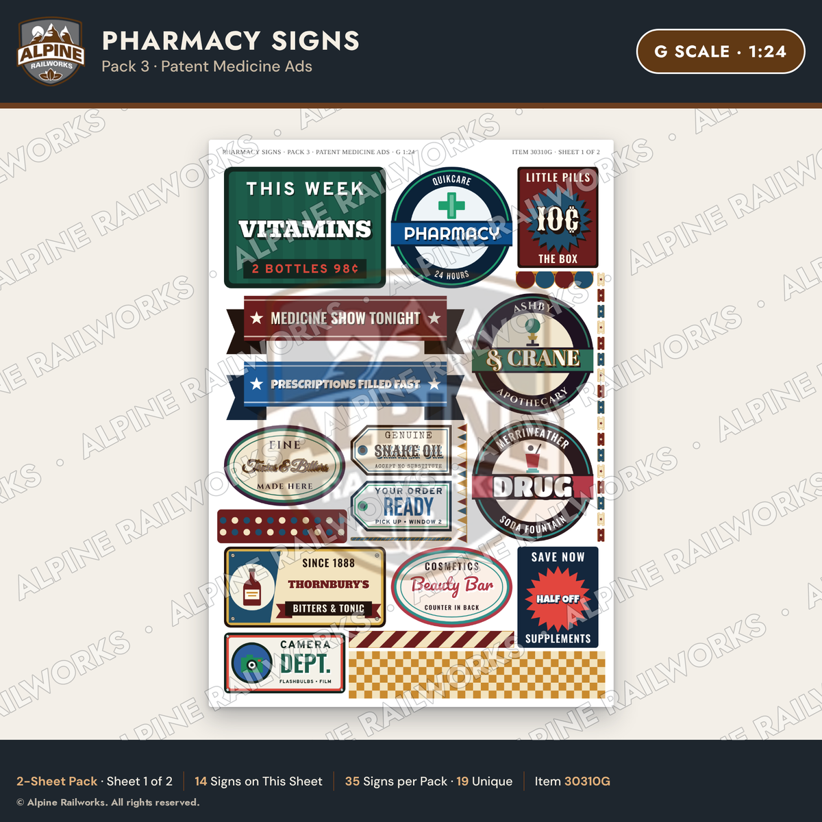 Alpine Railworks 30310G G Scale Pharmacy Signs - Patent Medicine Ads