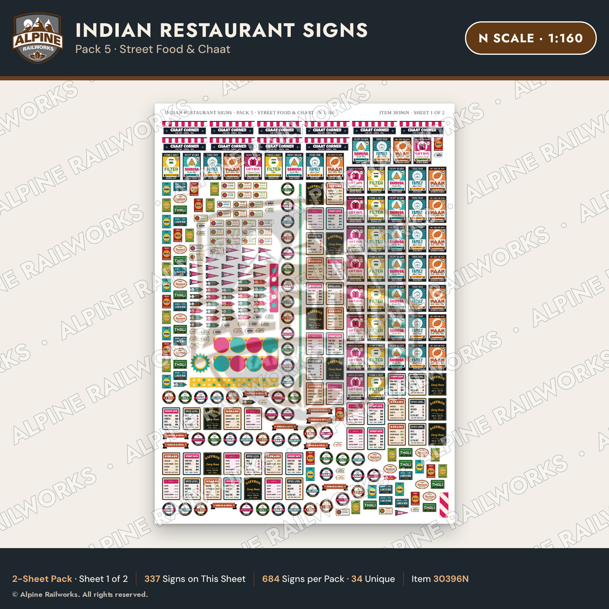 Alpine Railworks 30396N N Scale Indian Restaurant Signs - Street Food
