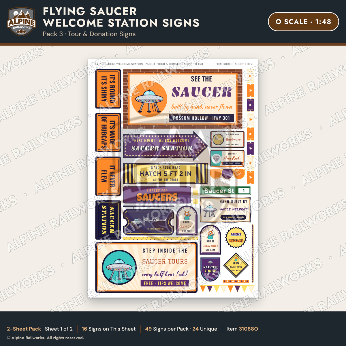 Alpine Railworks 31088O O Scale Roadside Signs - UFO Welcome Center