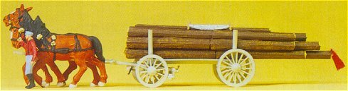 Preiser 30465 HO Scale Horse-Drawn Wagon -- Log Wagon w/Driver & Load
