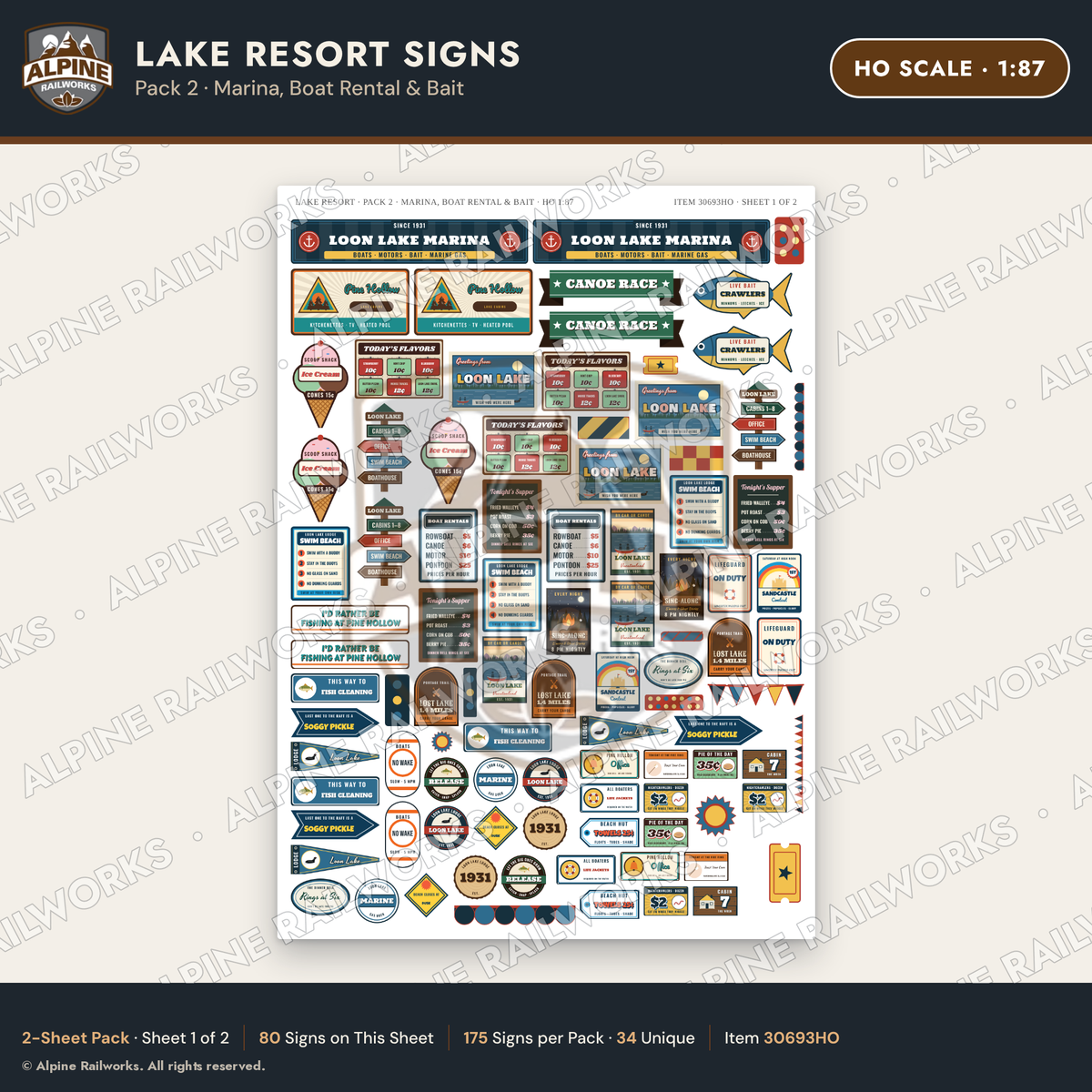 Alpine Railworks 30693HO HO Scale Lake Resort Signs - Marina