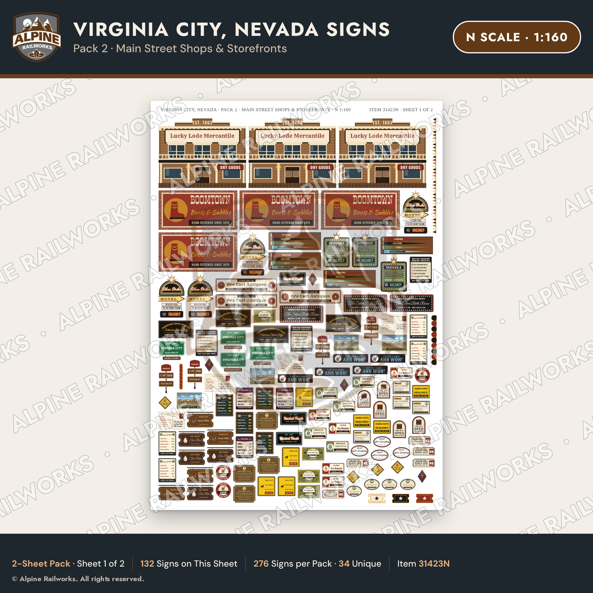 Alpine Railworks 31423N N Scale Virginia City NV Signs - Shops