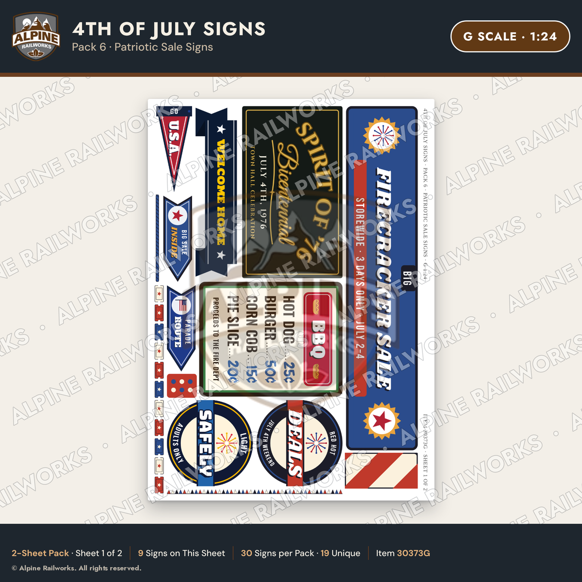 Alpine Railworks 30373G G Scale 4th of July Signs - Patriotic Sale