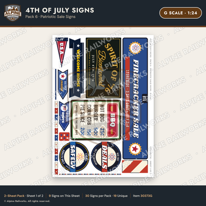 Alpine Railworks 30373G G Scale 4th of July Signs - Patriotic Sale