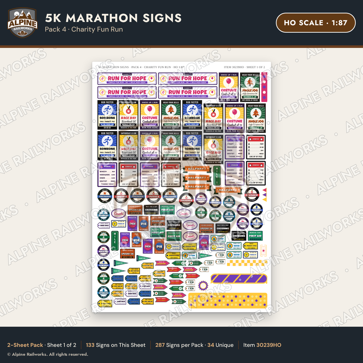 Alpine Railworks 30239HO HO Scale 5K Marathon Signs - Charity Fun Run