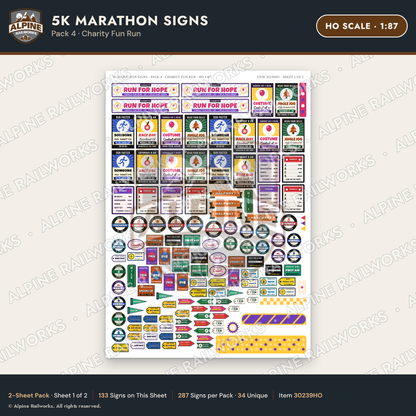 Alpine Railworks 30239HO HO Scale 5K Marathon Signs - Charity Fun Run