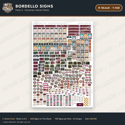 Alpine Railworks 30274N N Scale Bordello Signs