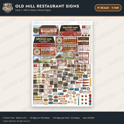 Alpine Railworks 31200N N Scale Old Mill Signs - Mill & Water Wheel