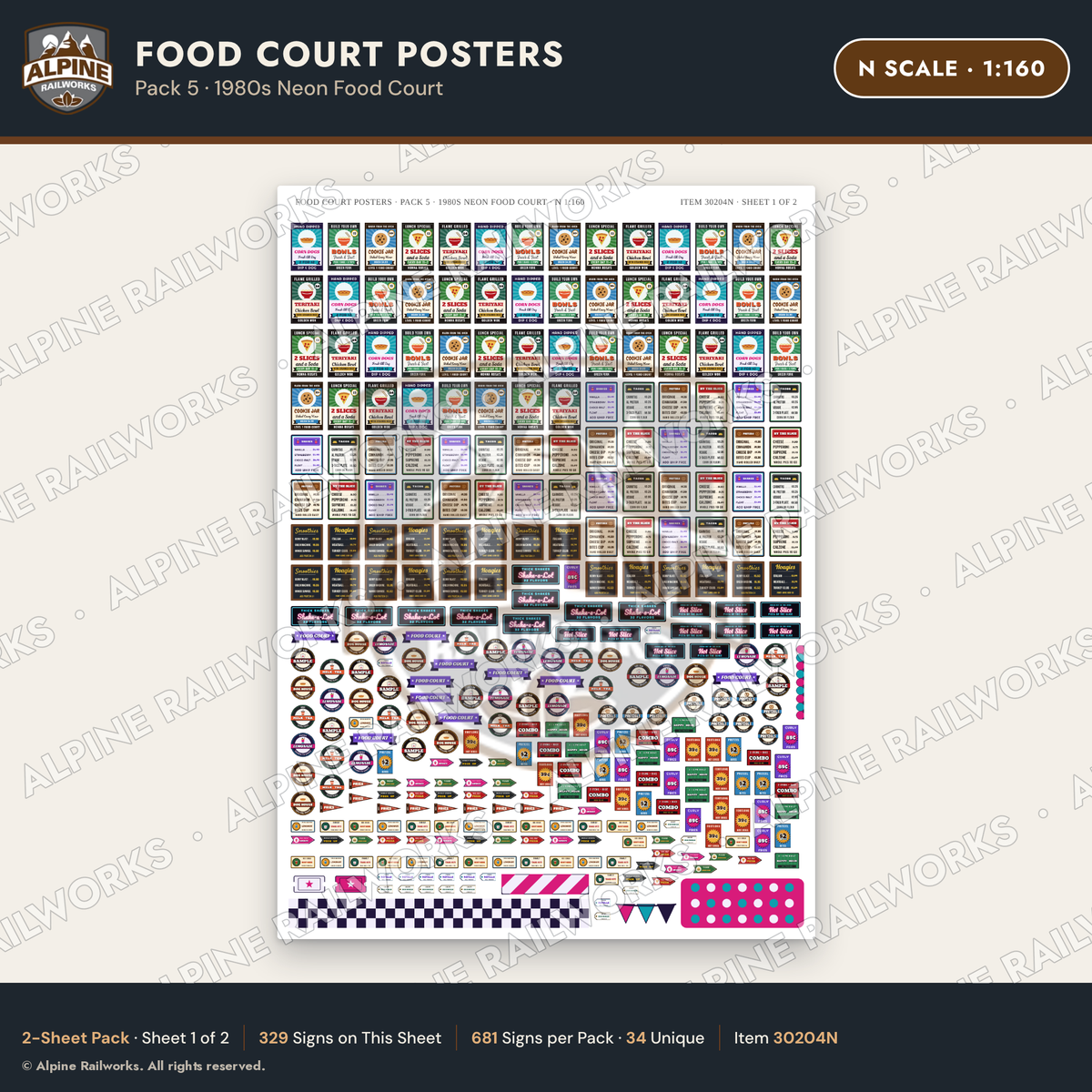 Alpine Railworks 30204N N Scale Food Court Posters - Neon Food Court