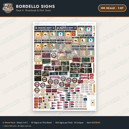 Alpine Railworks 30275HO HO Scale Bordello Signs - Riverboat