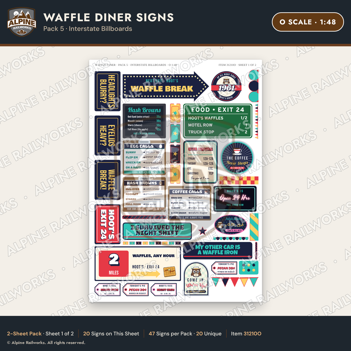 Alpine Railworks 31210O O Scale Waffle Diner Signs - Billboards