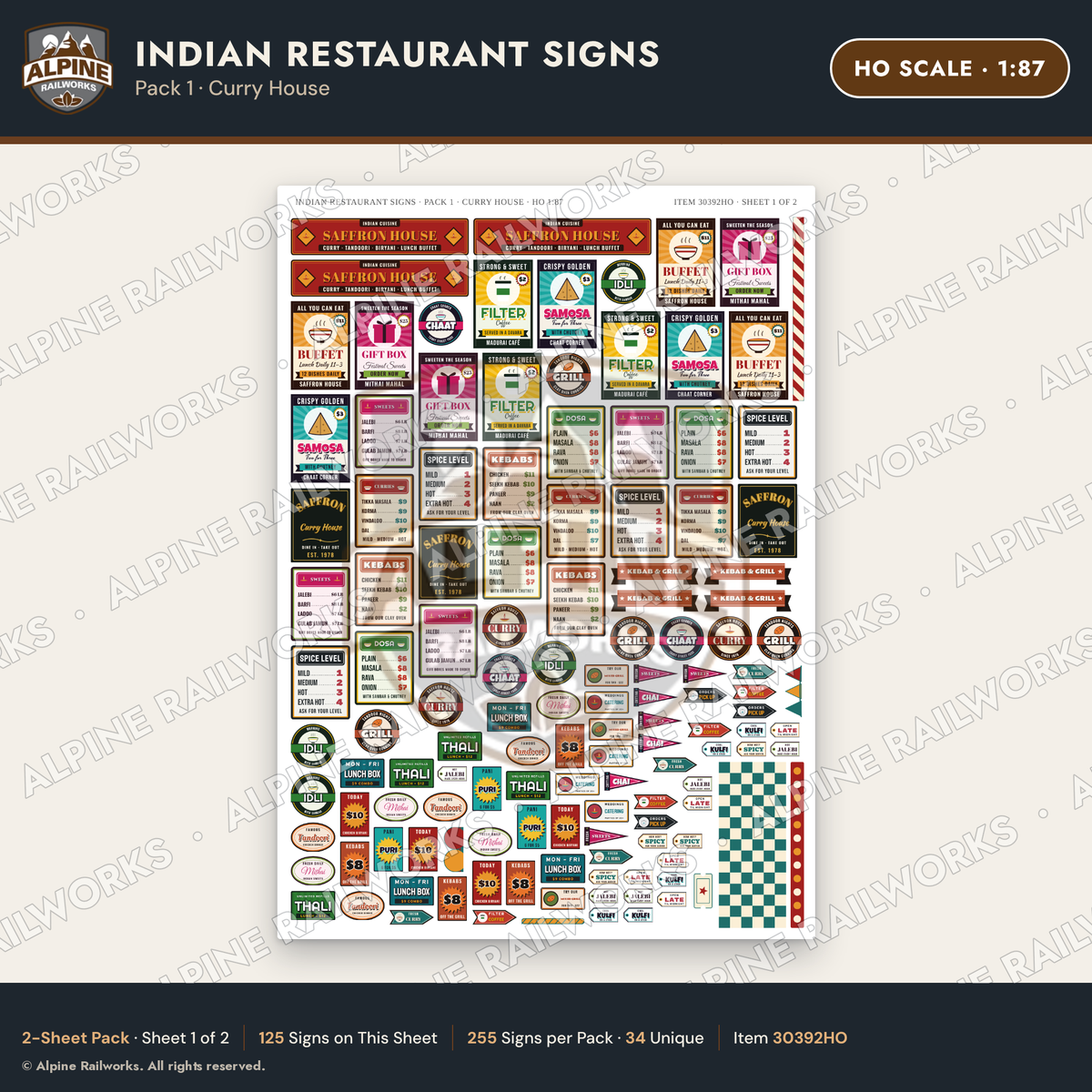 Alpine Railworks 30392HO HO Scale Indian Restaurant Signs