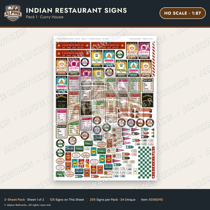 Alpine Railworks 30392HO HO Scale Indian Restaurant Signs