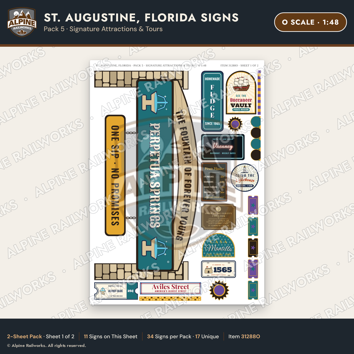 Alpine Railworks 31288O O Scale St. Augustine FL Signs - Attractions