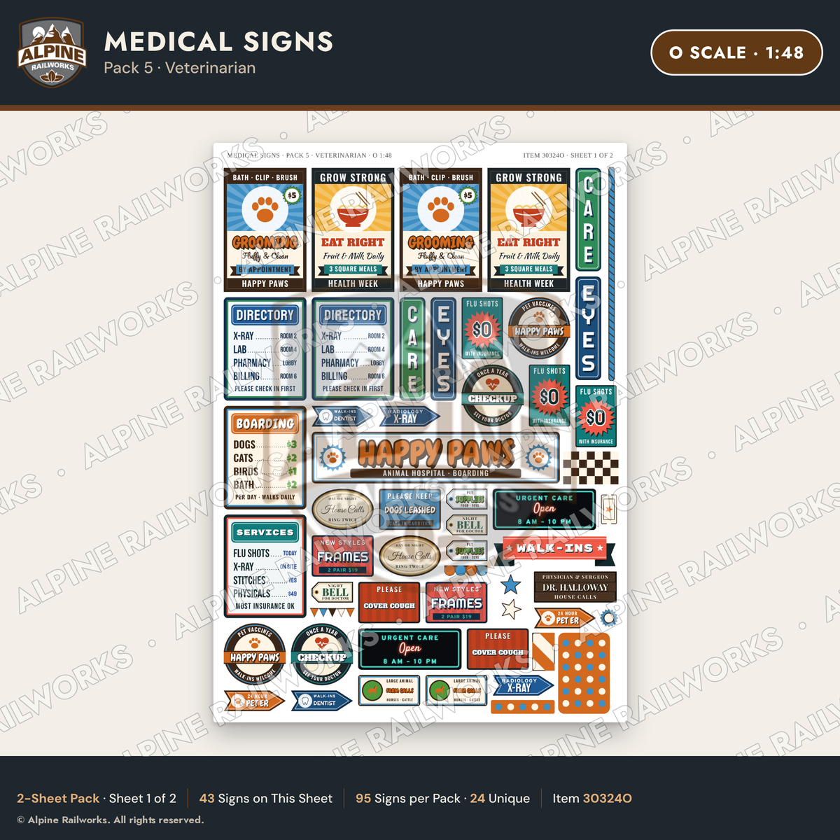 Alpine Railworks 30324O O Scale Medical Signs - Veterinarian