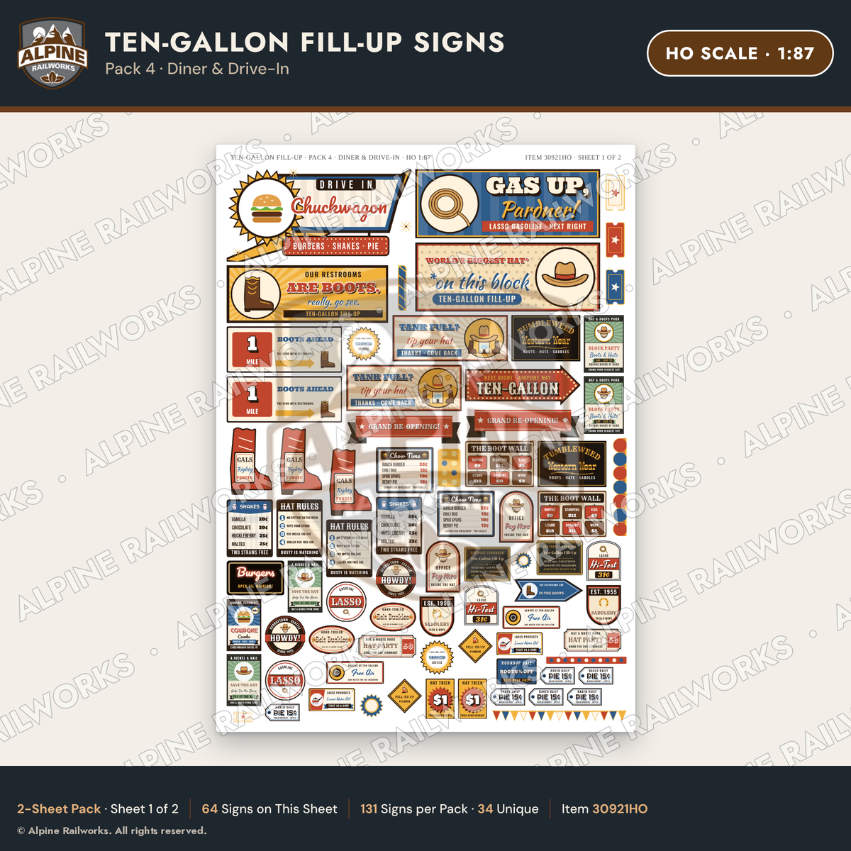 Alpine Railworks 30921HO HO Scale Roadside Signs - Cowboy Hat