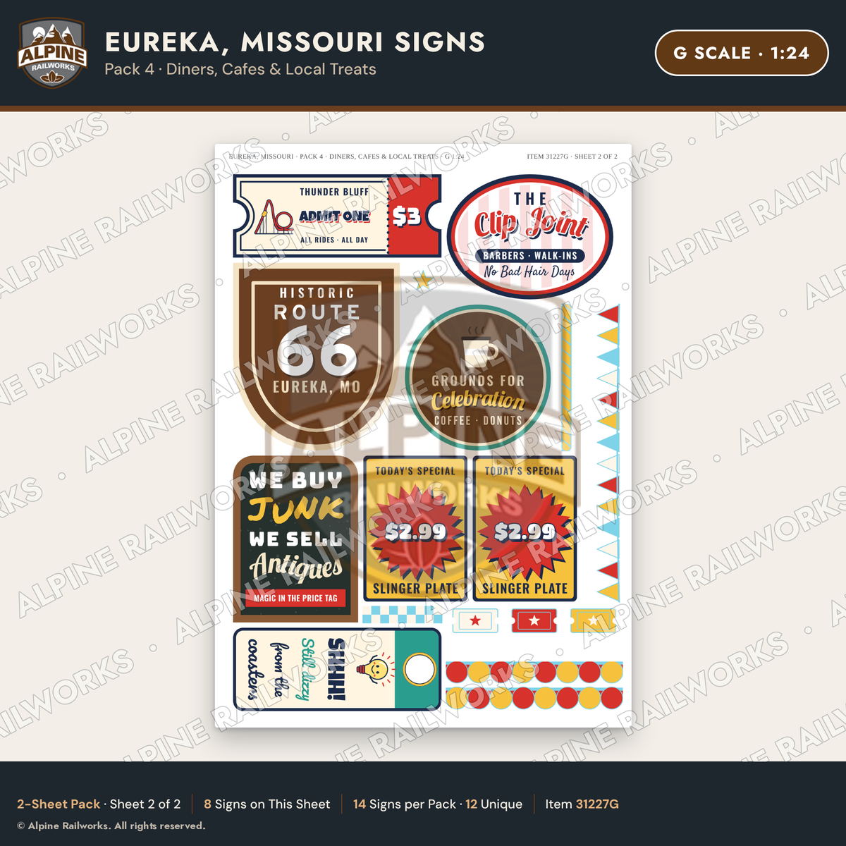 Alpine Railworks 31227G G Scale Eureka MO Signs - Diners & Cafes