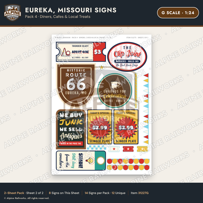 Alpine Railworks 31227G G Scale Eureka MO Signs - Diners & Cafes