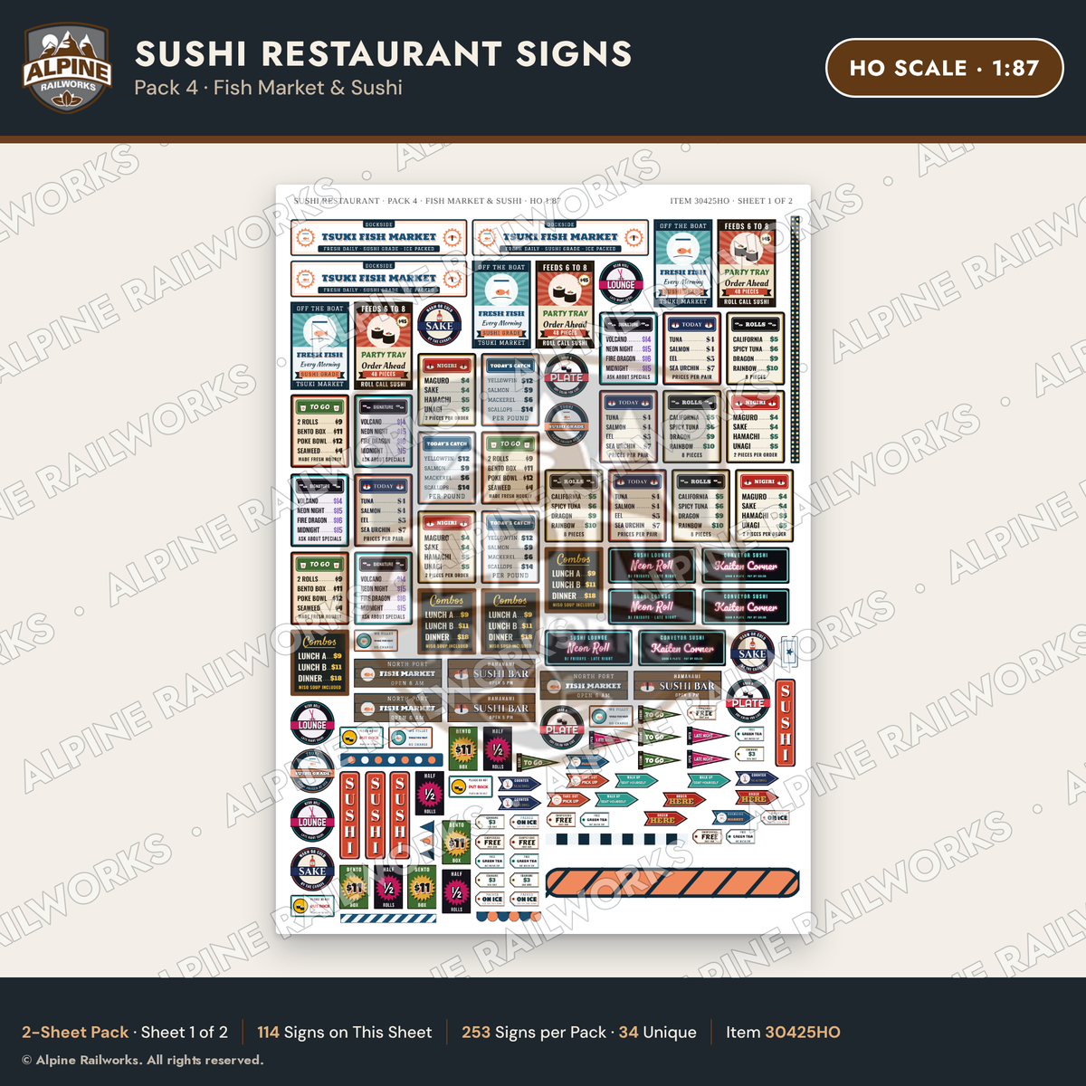 Alpine Railworks 30425HO HO Scale Sushi Restaurant Signs - Fish Market