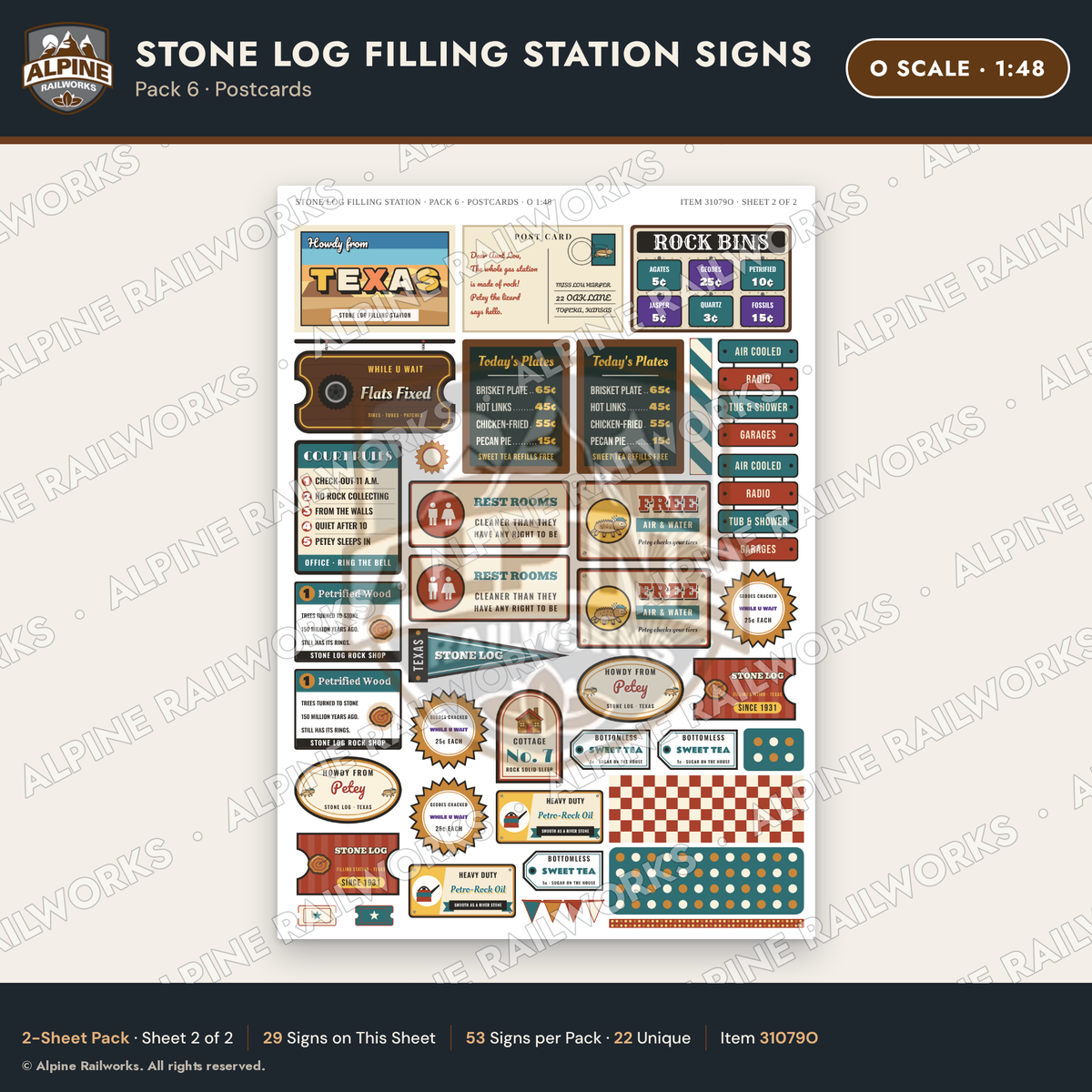 Alpine Railworks 31079O O Scale Roadside Signs - Petrified Wood