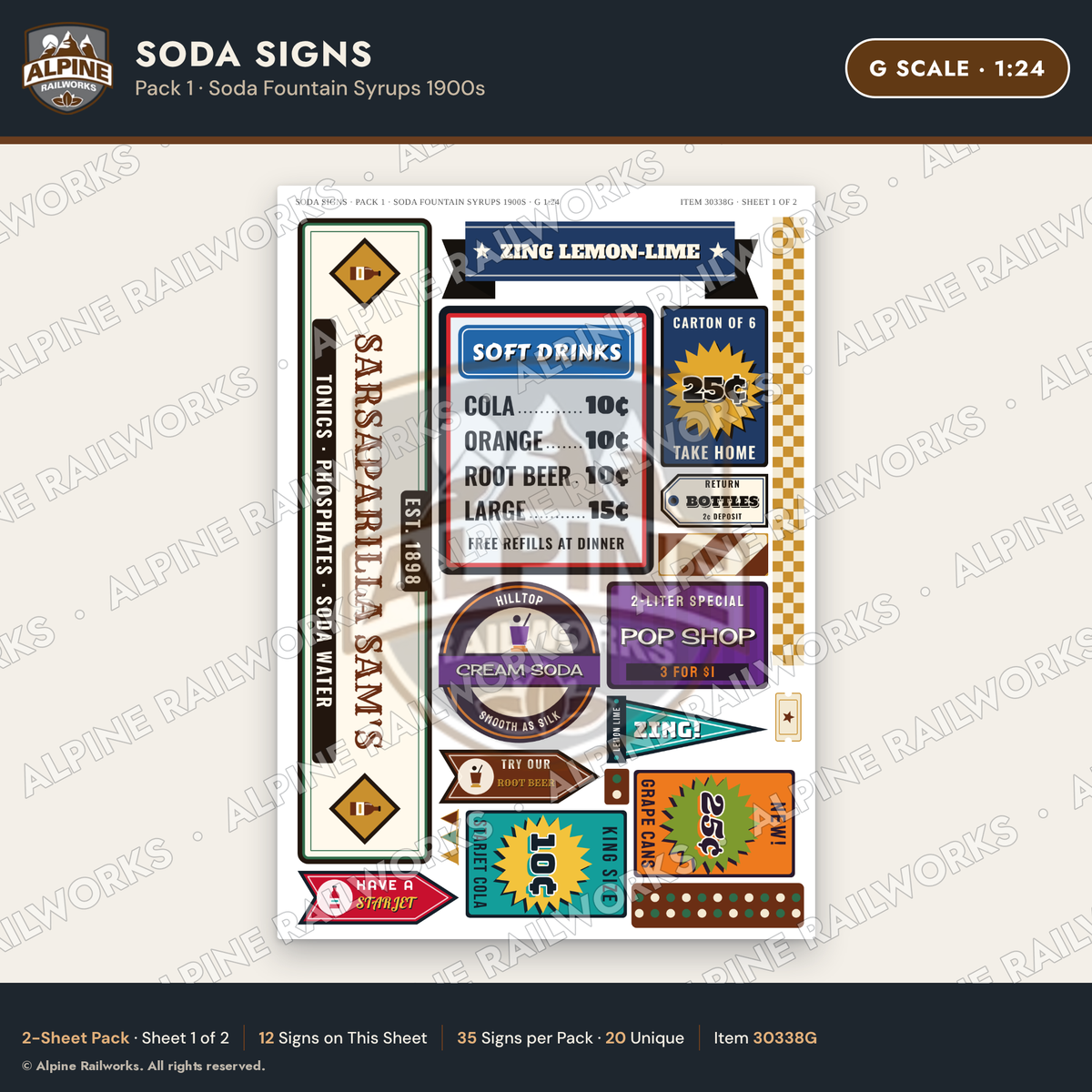 Alpine Railworks 30338G G Scale Soda Signs - Soda Fountain Syrups